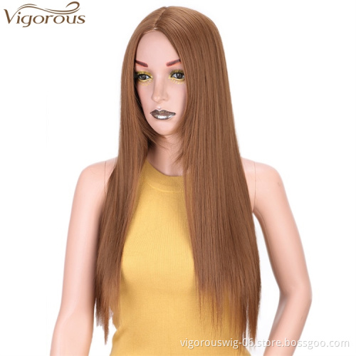 Vigorous Long Silky Straight Synthetic Wigs Middle Part Honey Brown Natural Looking Cospaly Daily Use Wigs Wholesale Price